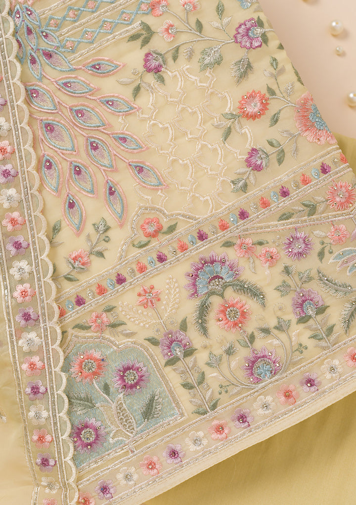 Yellow Zariwork Organza Unstitched Salwar Suit