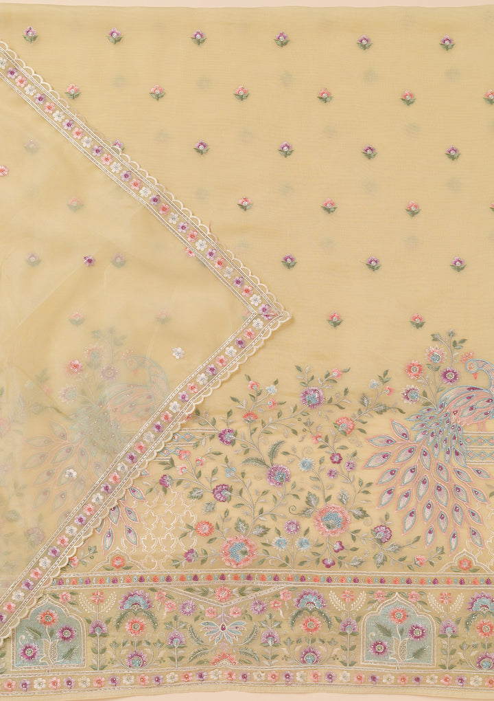 Yellow Zariwork Organza Unstitched Salwar Suit