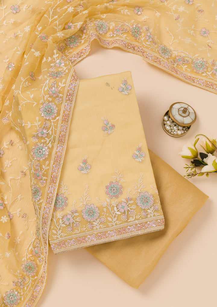 Yellow Zariwork Organza Unstitched Salwar Suit