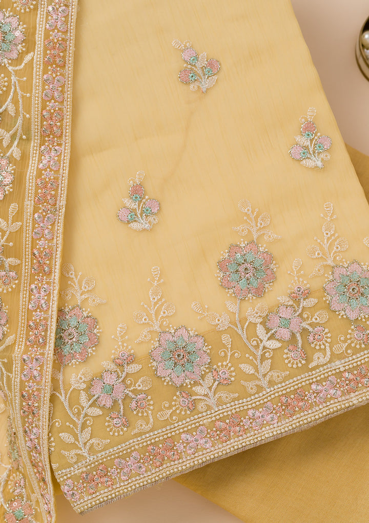 Yellow Zariwork Organza Unstitched Salwar Suit