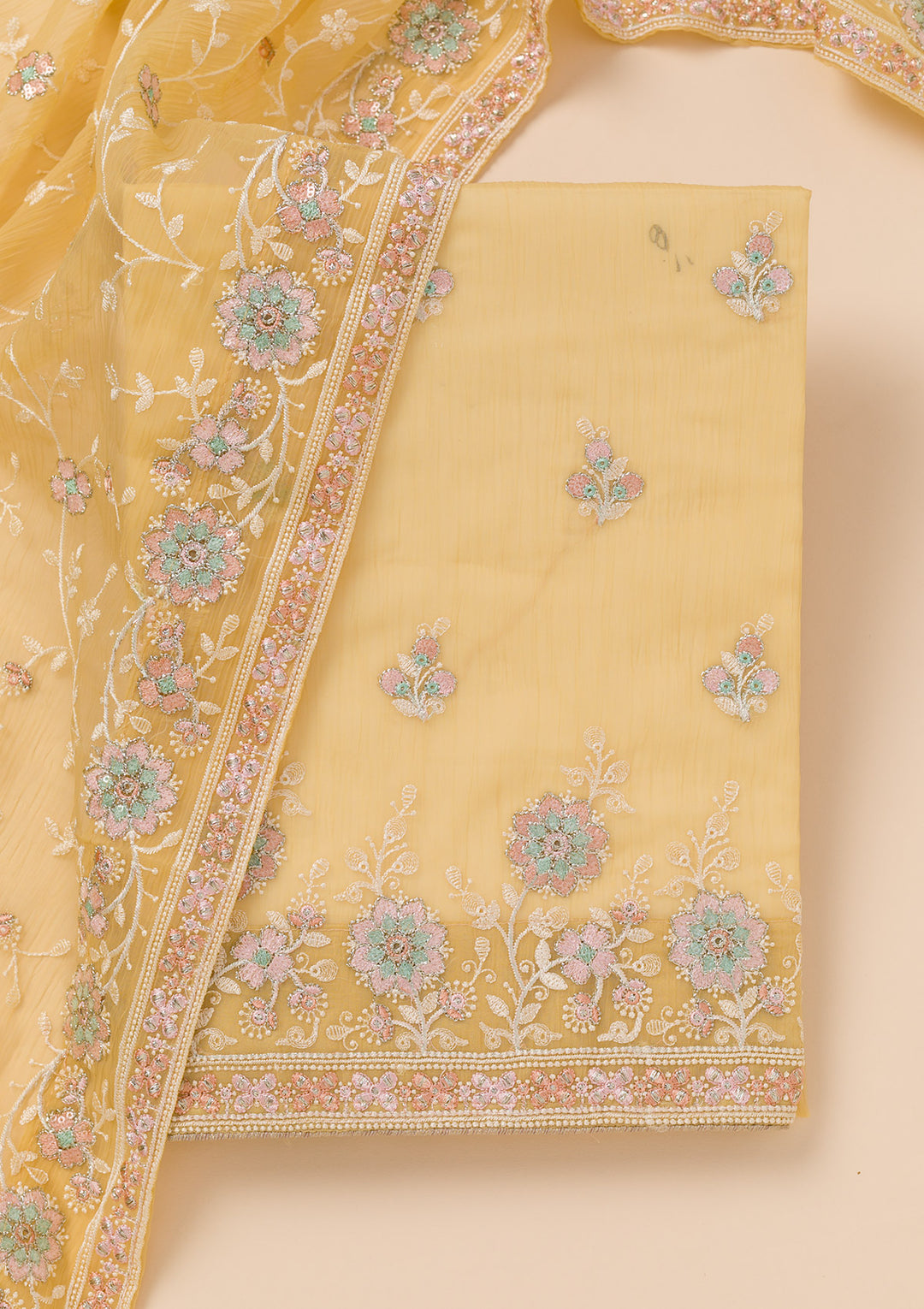 Yellow Zariwork Organza Unstitched Salwar Suit