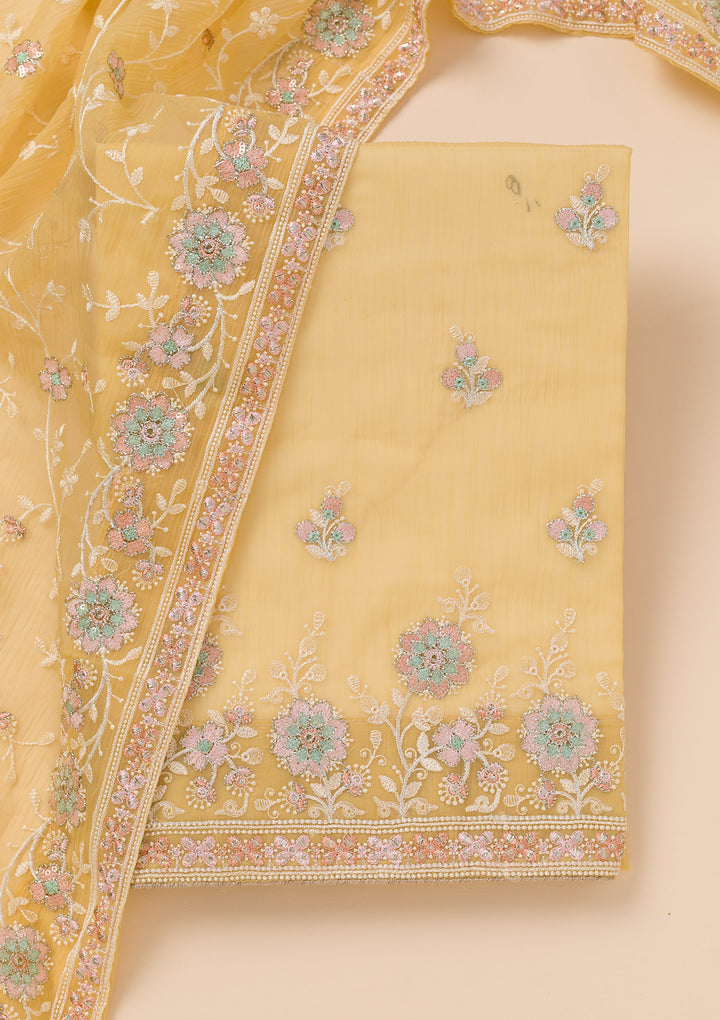 Yellow Zariwork Organza Unstitched Salwar Suit