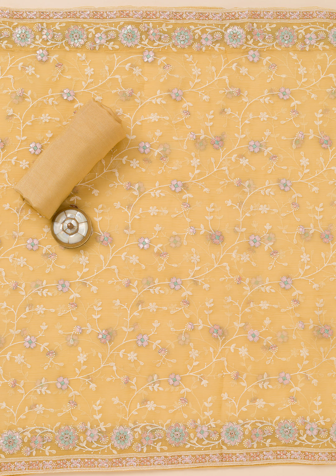 Yellow Zariwork Organza Unstitched Salwar Suit