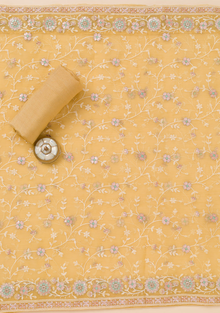 Yellow Zariwork Organza Unstitched Salwar Suit