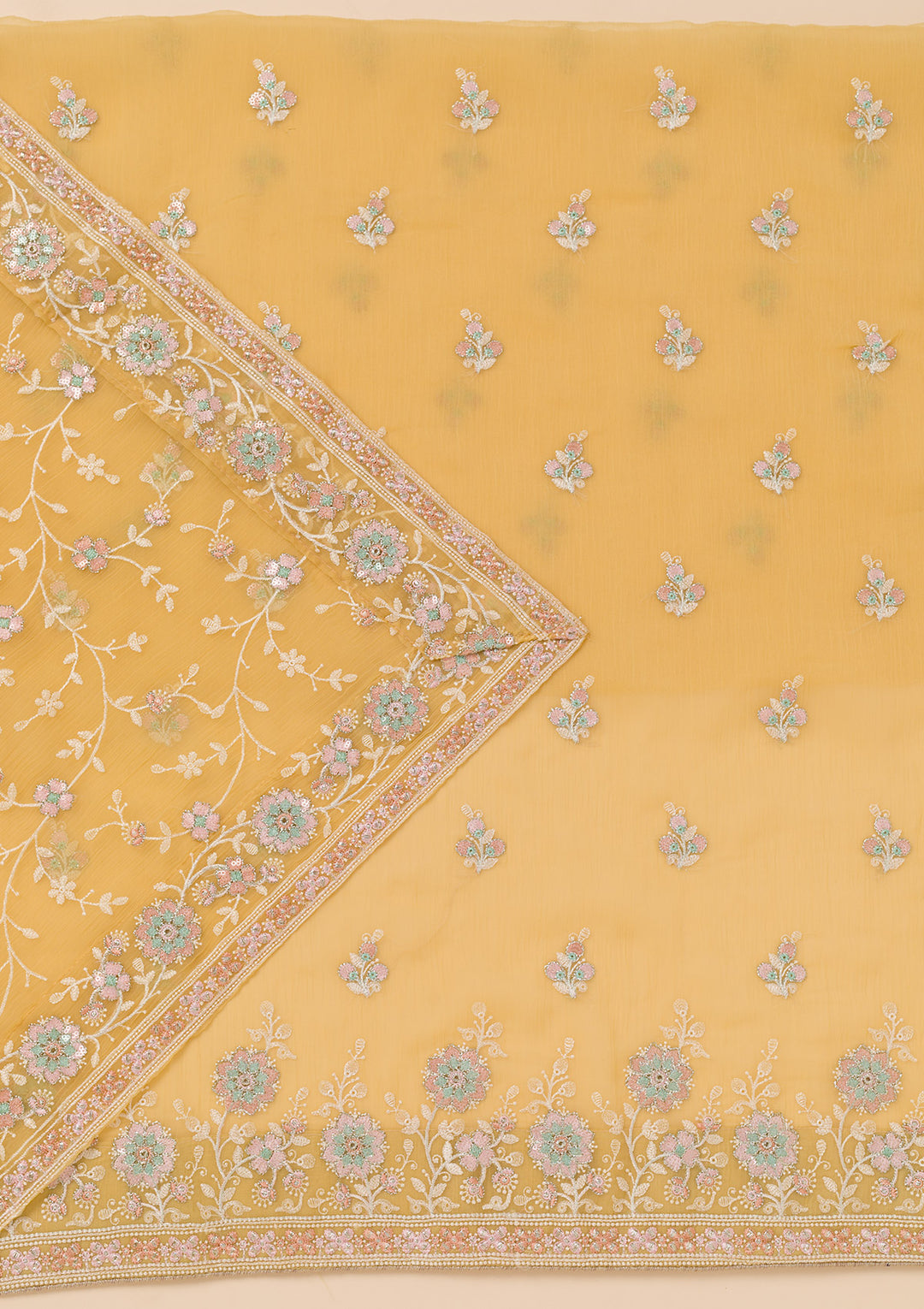 Yellow Zariwork Organza Unstitched Salwar Suit