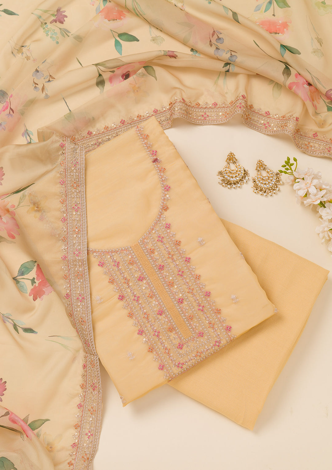 Yellow Zariwork Organza Unstitched Salwar Suit