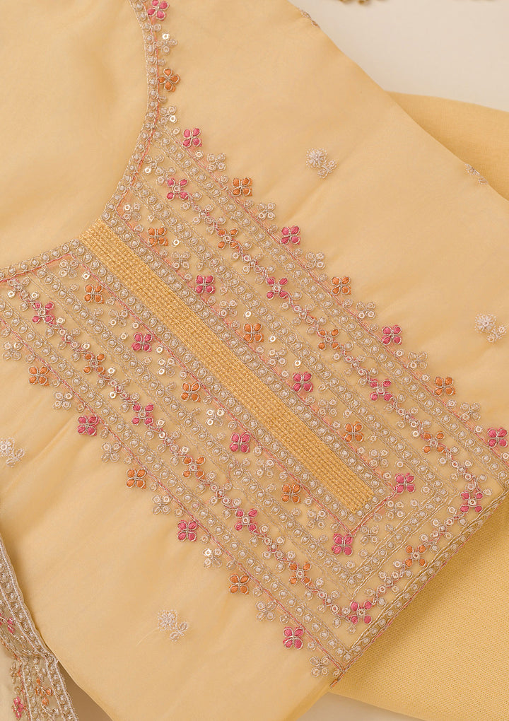 Yellow Zariwork Organza Unstitched Salwar Suit