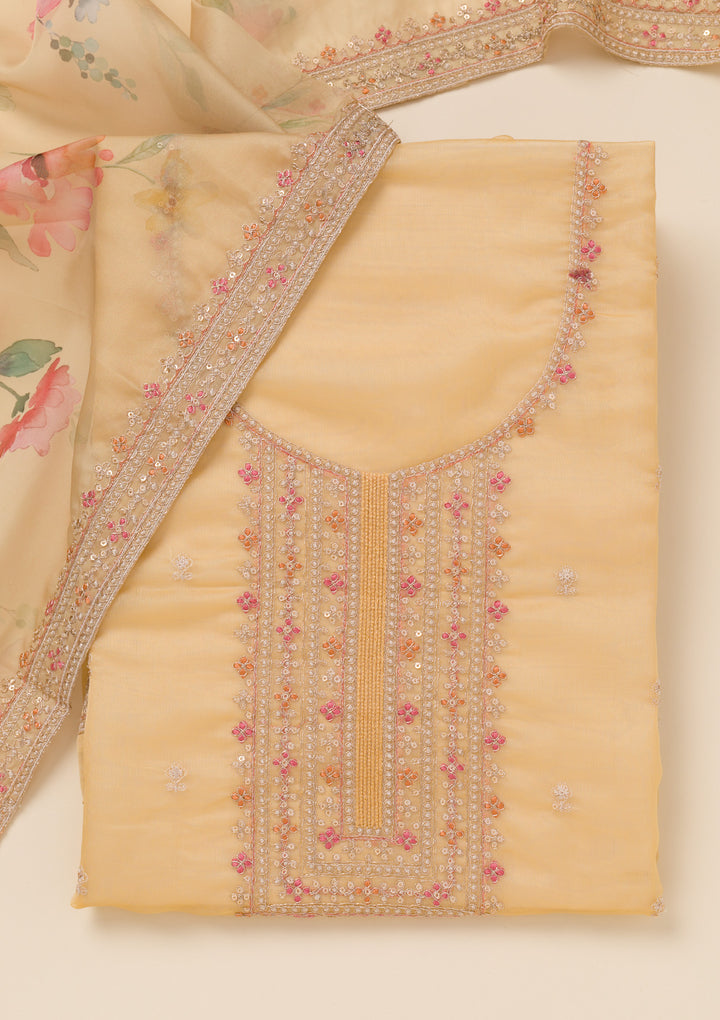 Yellow Zariwork Organza Unstitched Salwar Suit