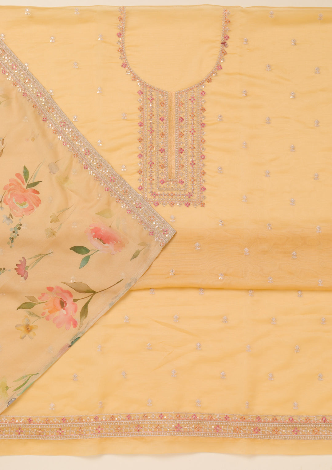 Yellow Zariwork Organza Unstitched Salwar Suit