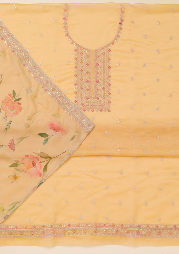 Yellow Zariwork Organza Unstitched Salwar Suit