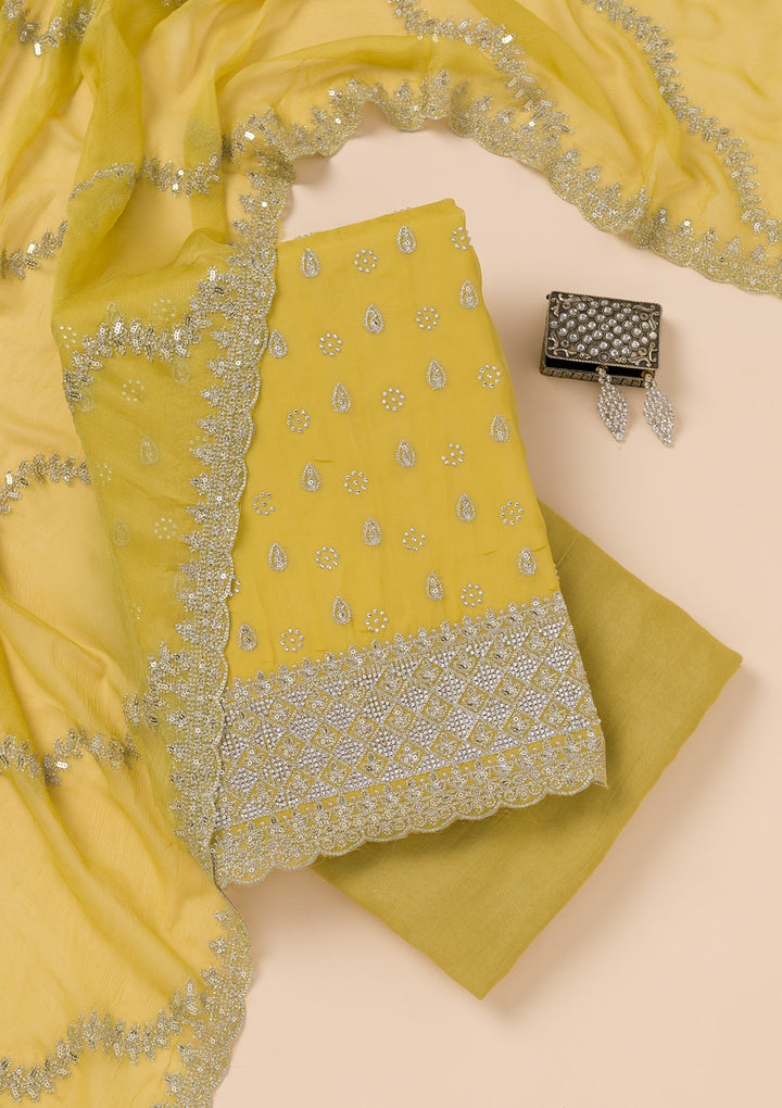 Yellow Zariwork Organza Unstitched Salwar Suit
