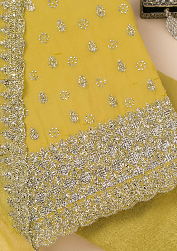 Yellow Zariwork Organza Unstitched Salwar Suit