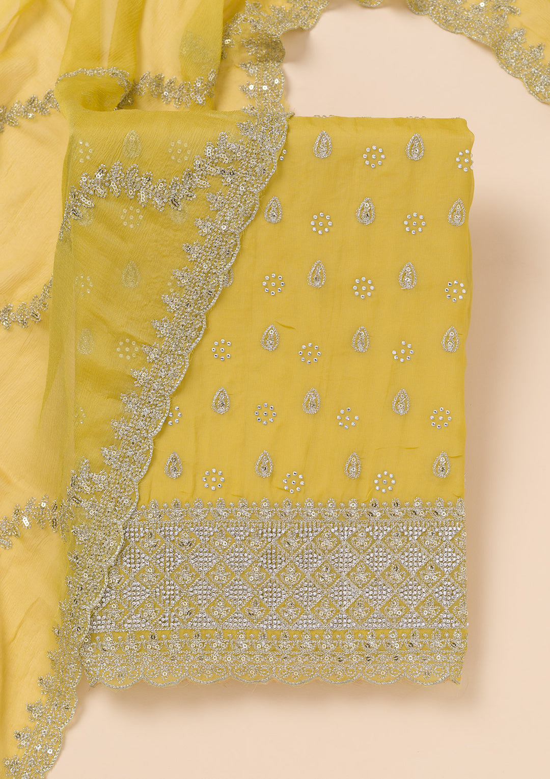 Yellow Zariwork Organza Unstitched Salwar Suit