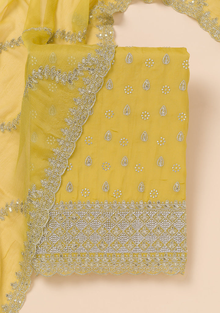 Yellow Zariwork Organza Unstitched Salwar Suit