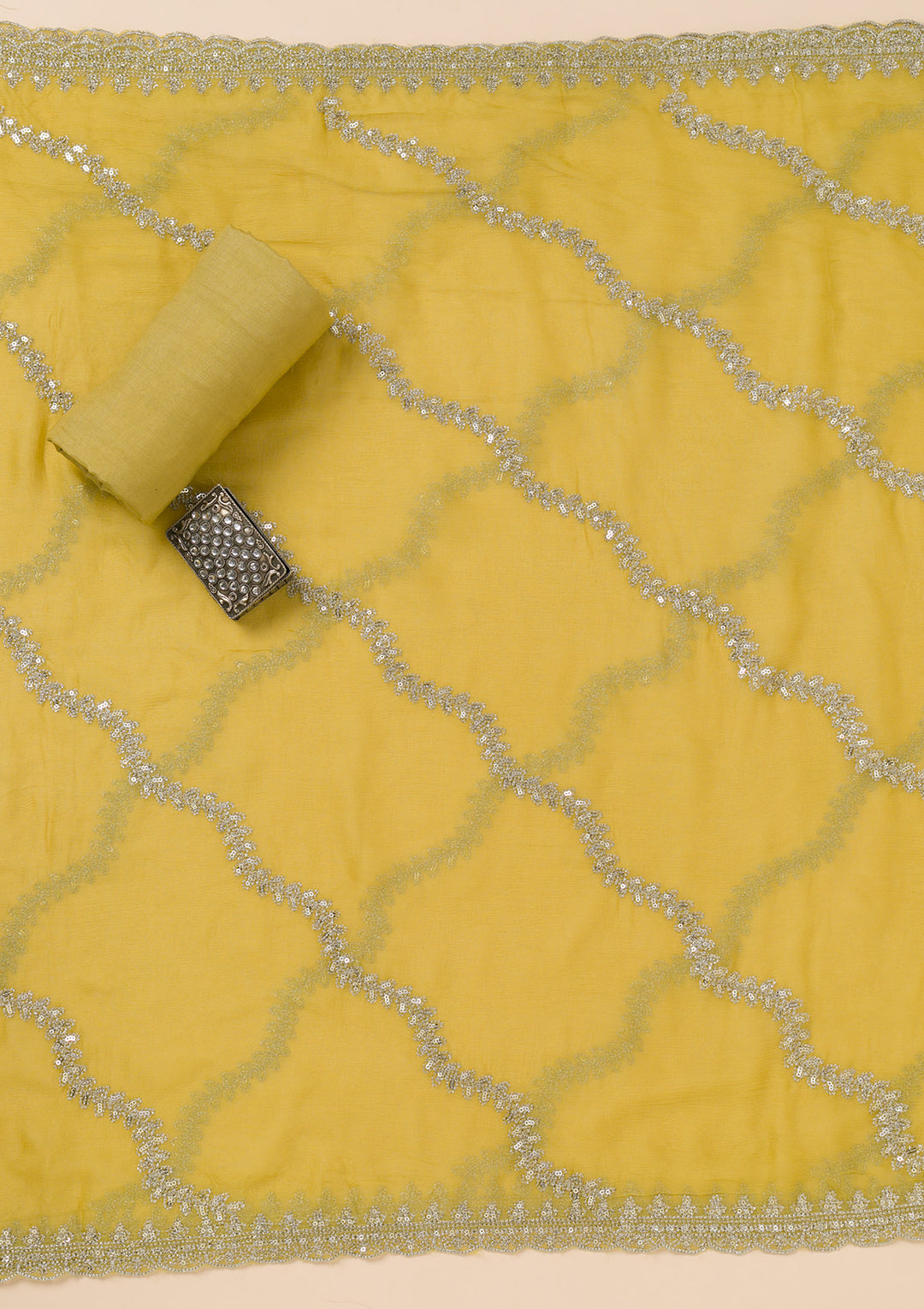 Yellow Zariwork Organza Unstitched Salwar Suit
