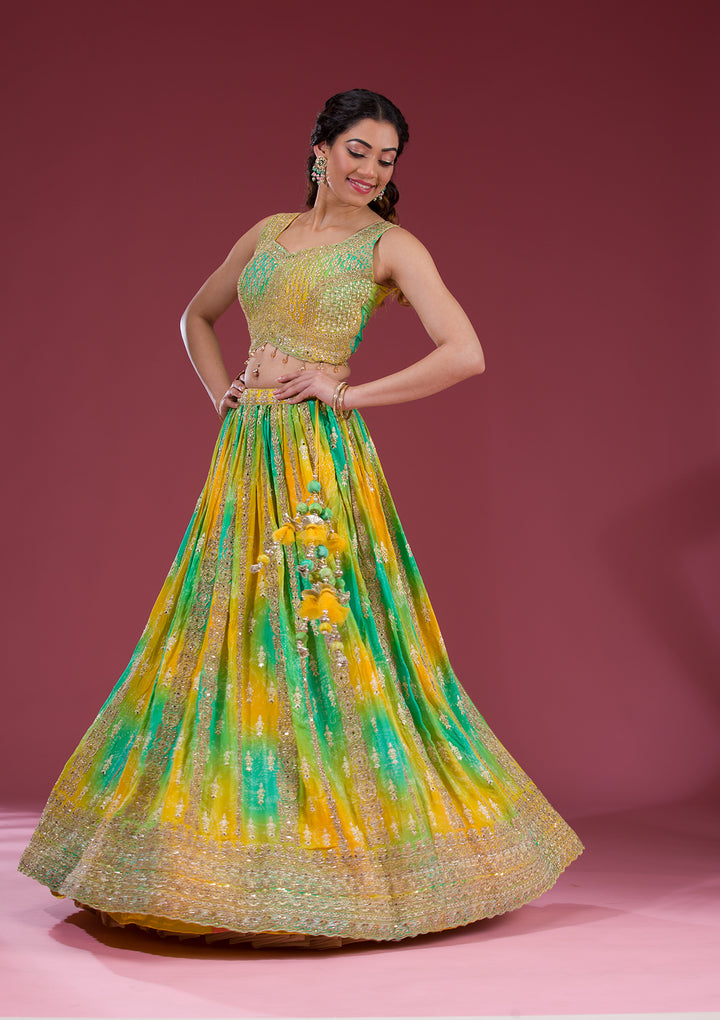 Yellow Zariwork Semi Crepe Readymade Lehenga