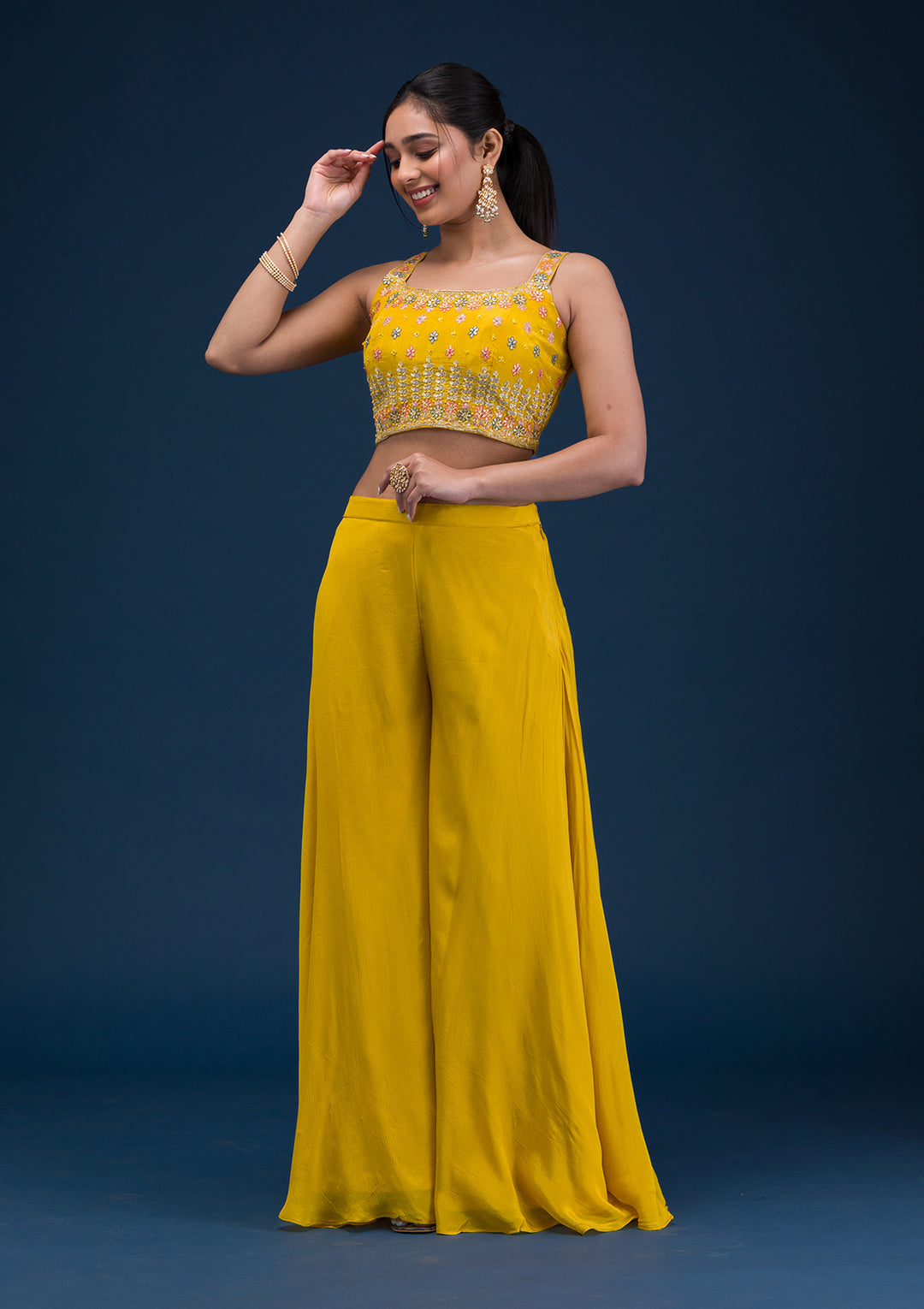 Yellow Zariwork Semi Crepe Readymade Salwar Suit