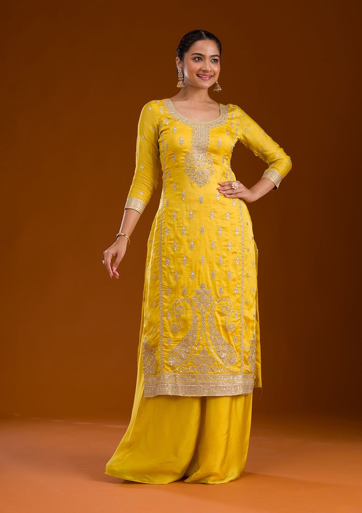 Yellow Zariwork Semi Crepe Readymade Salwar Suit