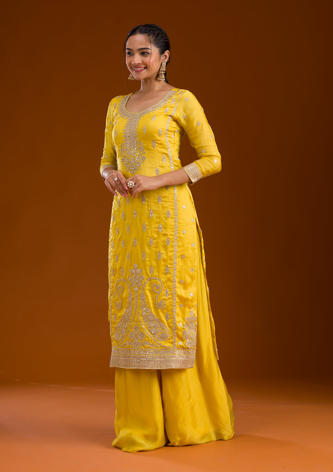 Yellow Zariwork Semi Crepe Readymade Salwar Suit