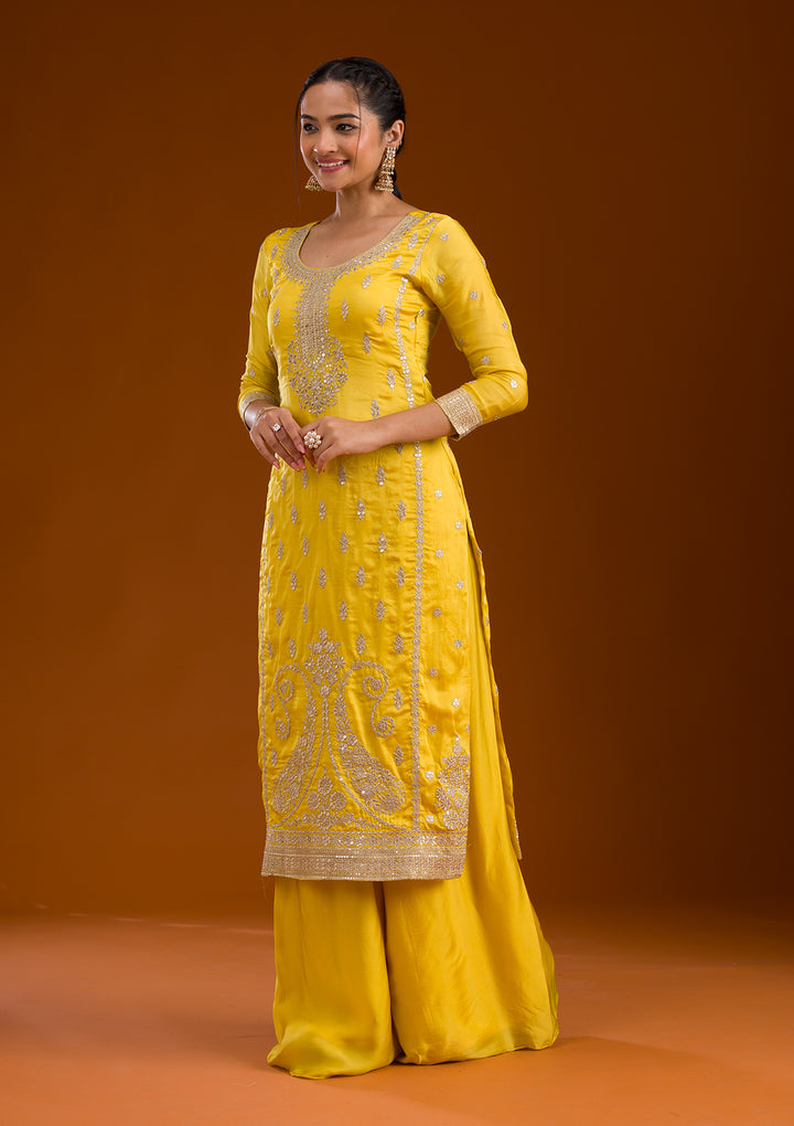 Yellow Zariwork Semi Crepe Readymade Salwar Suit