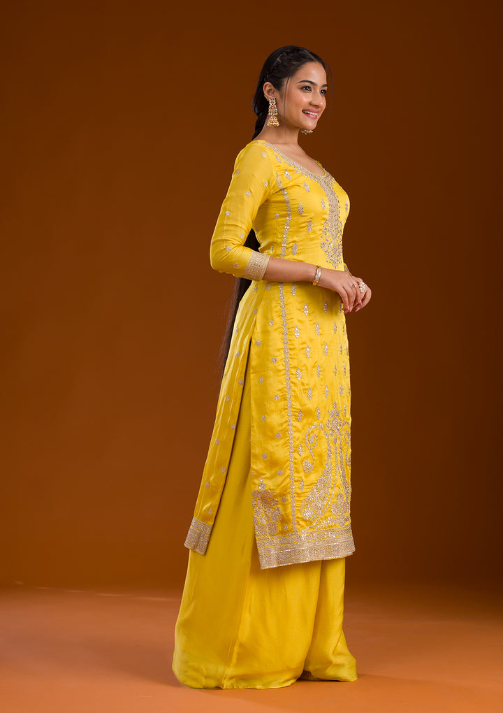 Yellow Zariwork Semi Crepe Readymade Salwar Suit
