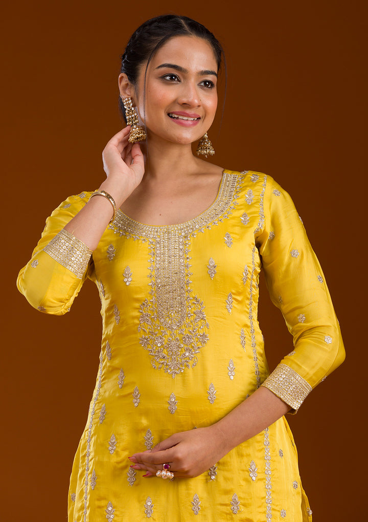 Yellow Zariwork Semi Crepe Readymade Salwar Suit