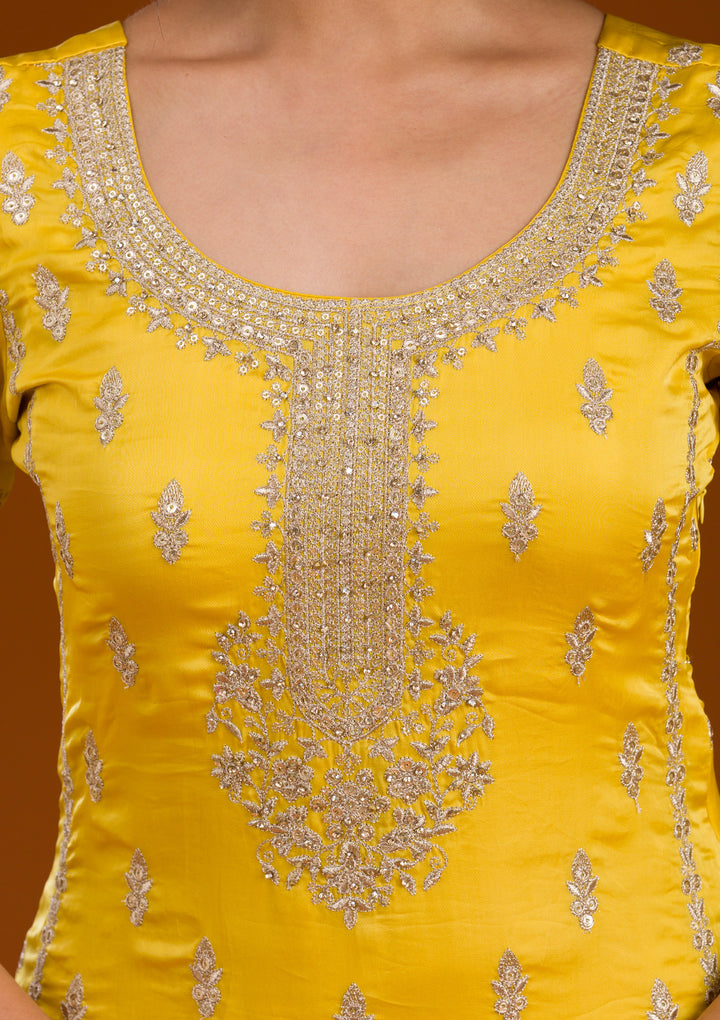Yellow Zariwork Semi Crepe Readymade Salwar Suit
