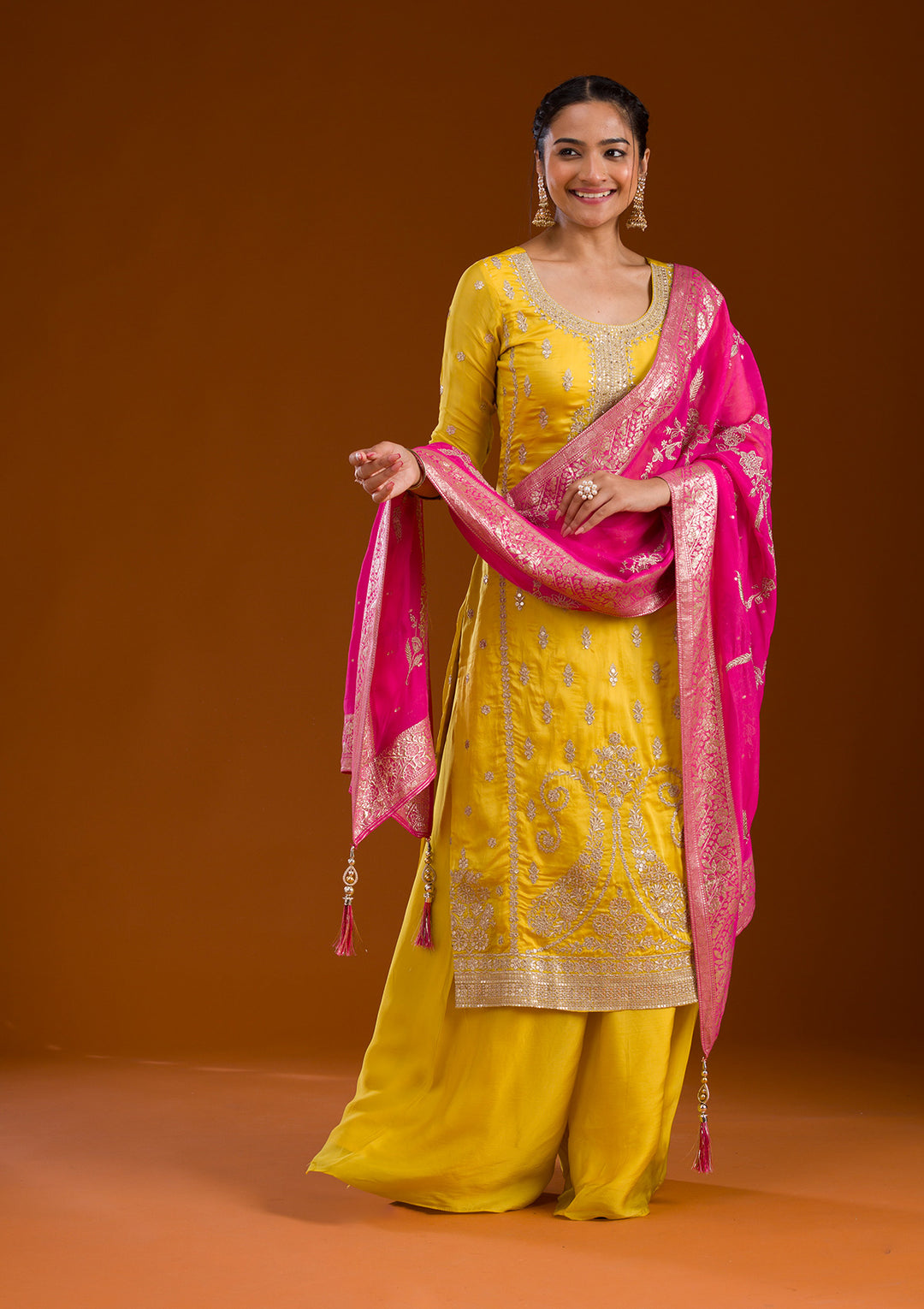 Yellow Zariwork Semi Crepe Readymade Salwar Suit