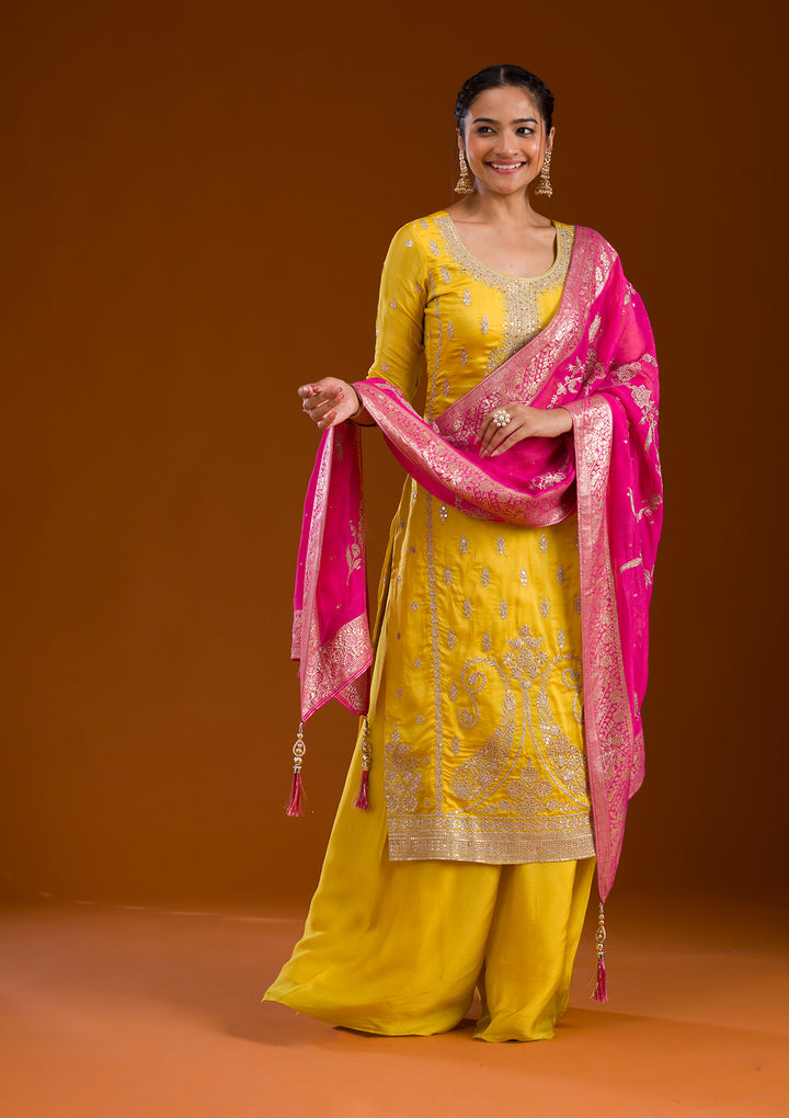 Yellow Zariwork Semi Crepe Readymade Salwar Suit