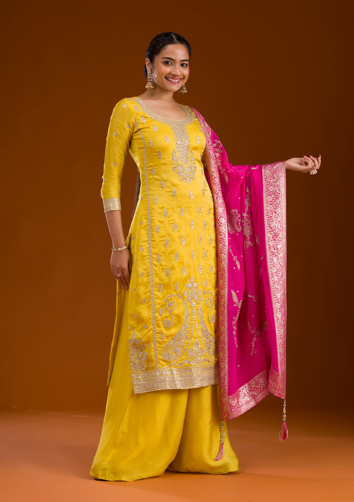 Yellow Zariwork Semi Crepe Readymade Salwar Suit
