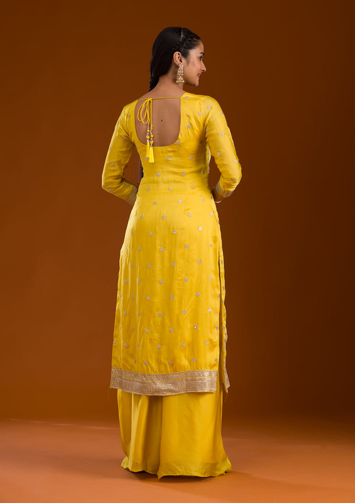 Yellow Zariwork Semi Crepe Readymade Salwar Suit