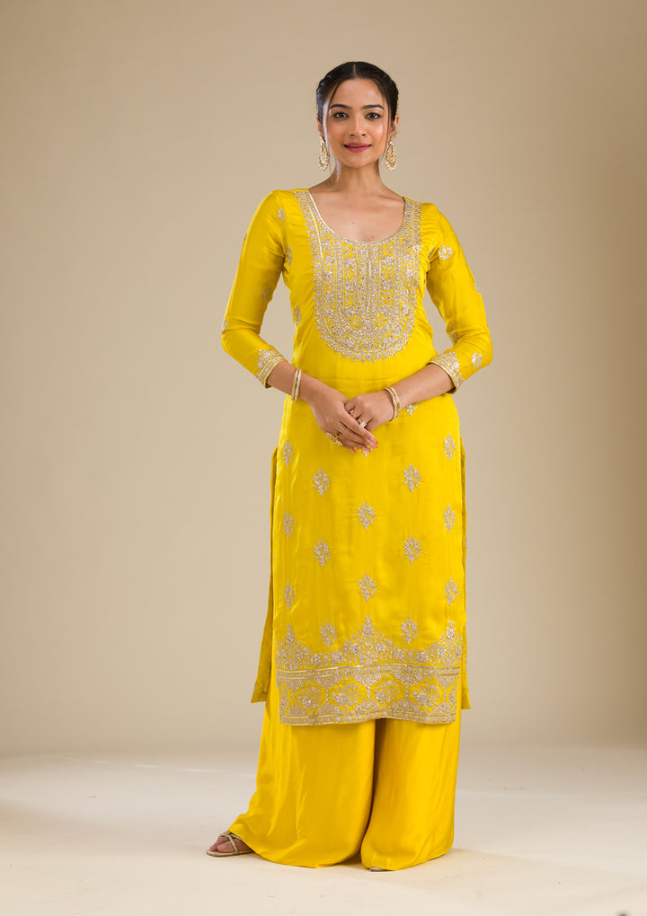 Yellow Zariwork Semi Crepe Readymade Salwar Suit