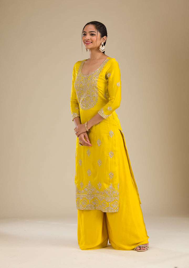 Yellow Zariwork Semi Crepe Readymade Salwar Suit
