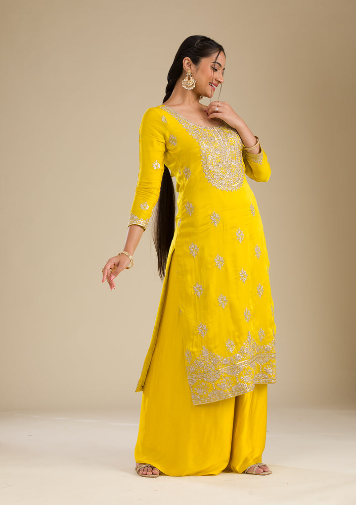 Yellow Zariwork Semi Crepe Readymade Salwar Suit