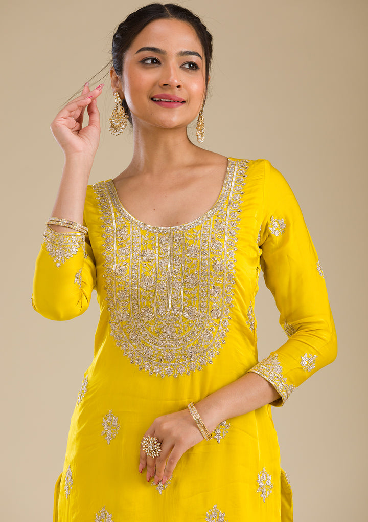 Yellow Zariwork Semi Crepe Readymade Salwar Suit