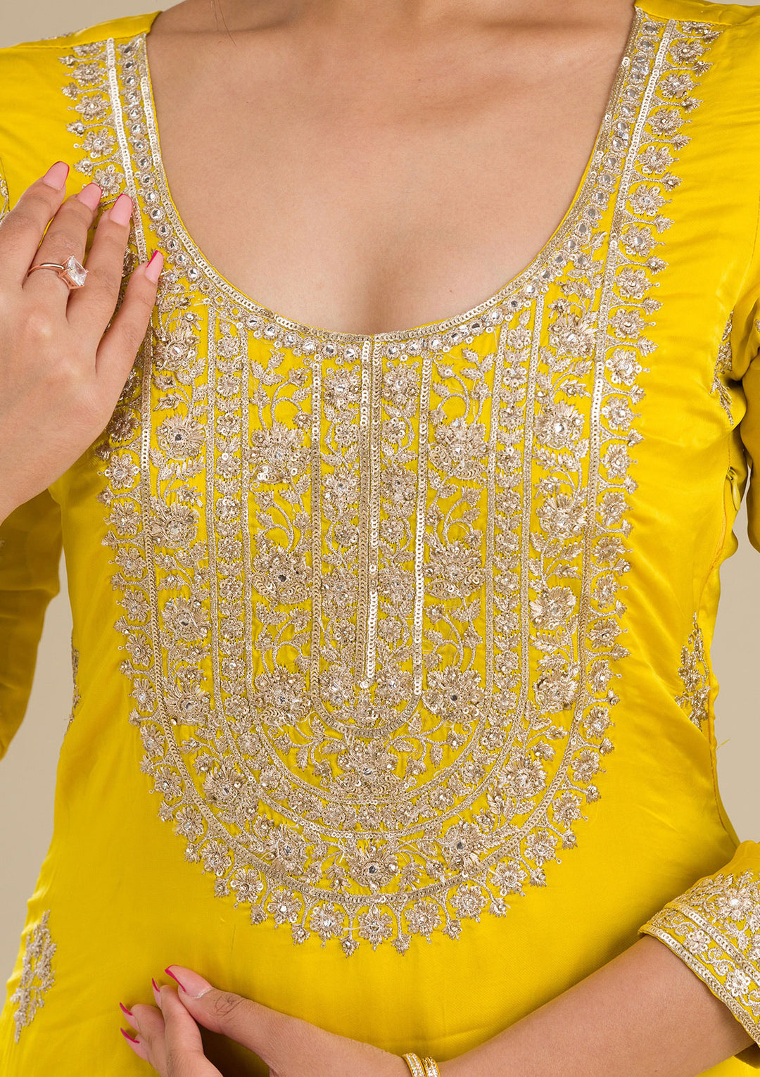 Yellow Zariwork Semi Crepe Readymade Salwar Suit