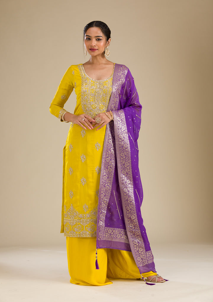 Yellow Zariwork Semi Crepe Readymade Salwar Suit