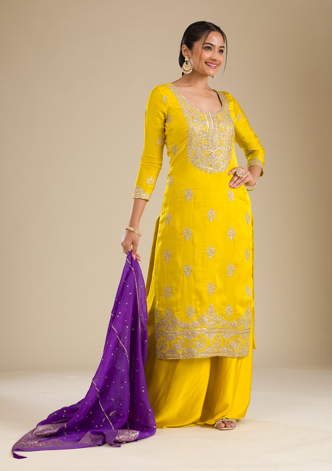 Yellow Zariwork Semi Crepe Readymade Salwar Suit