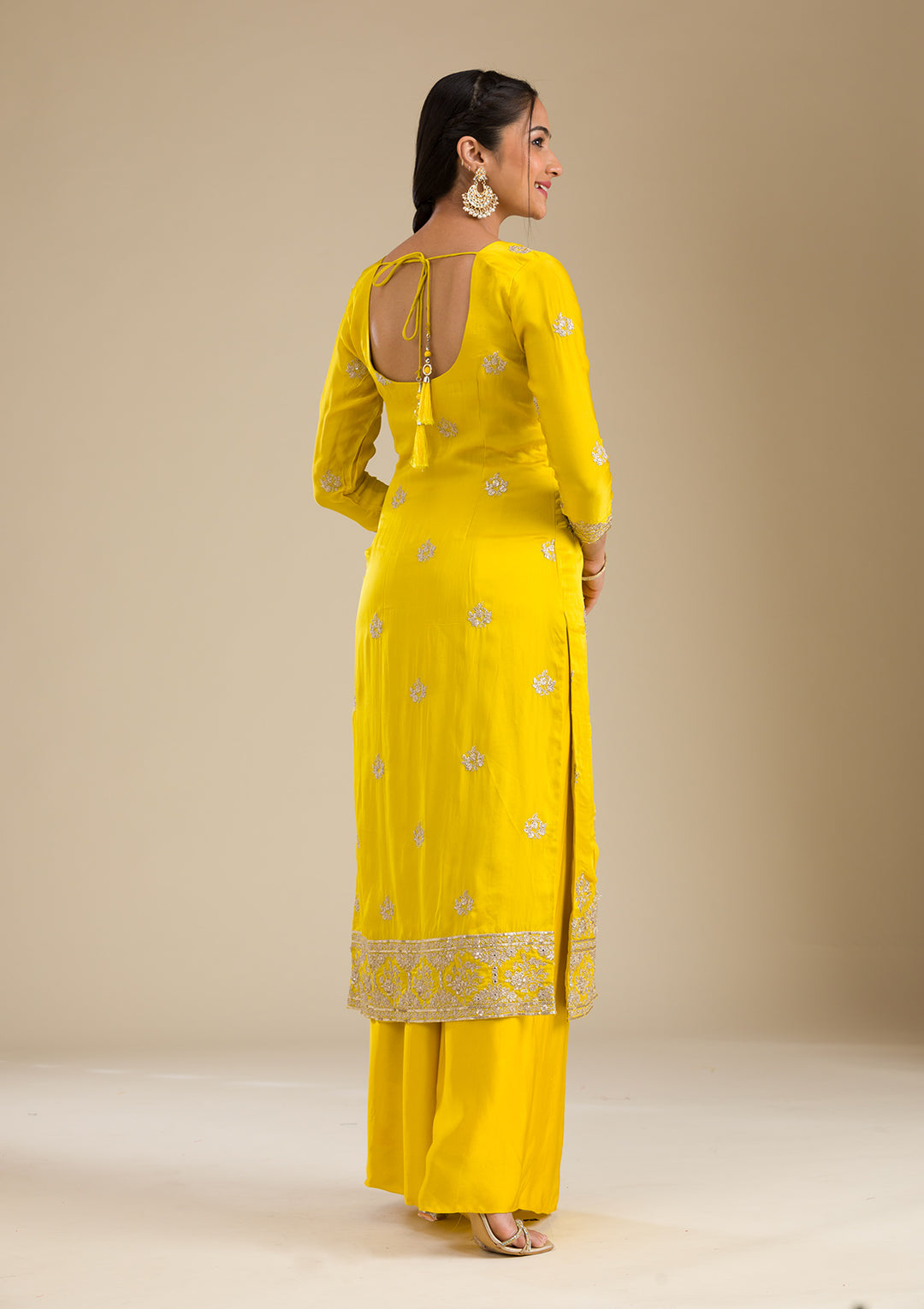 Yellow Zariwork Semi Crepe Readymade Salwar Suit