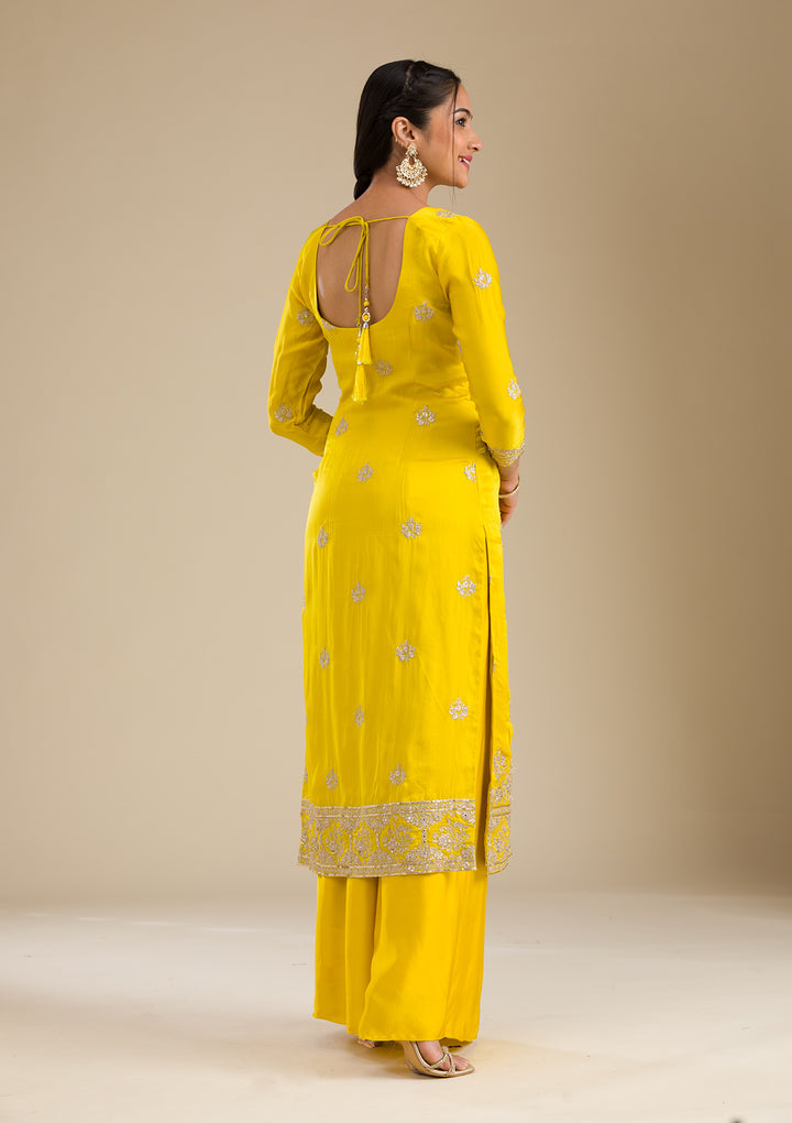 Yellow Zariwork Semi Crepe Readymade Salwar Suit