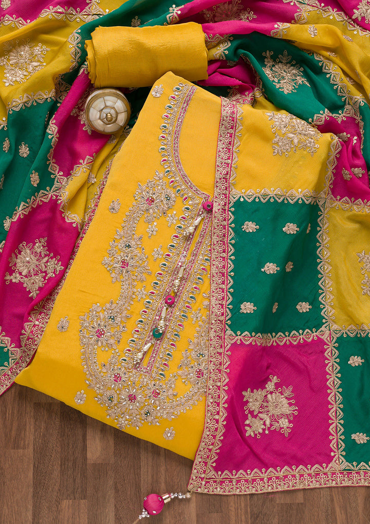 Yellow Zariwork Semi Crepe Unstitched Salwar Suit