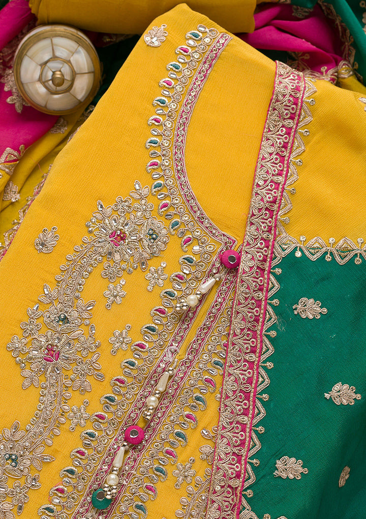 Yellow Zariwork Semi Crepe Unstitched Salwar Suit
