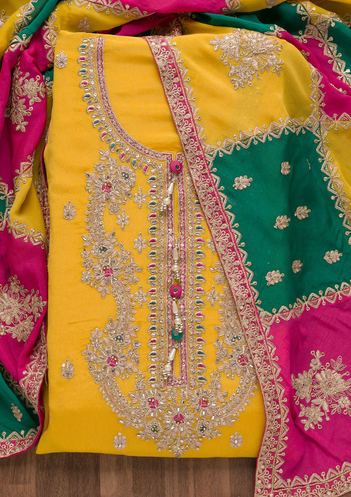 Yellow Zariwork Semi Crepe Unstitched Salwar Suit