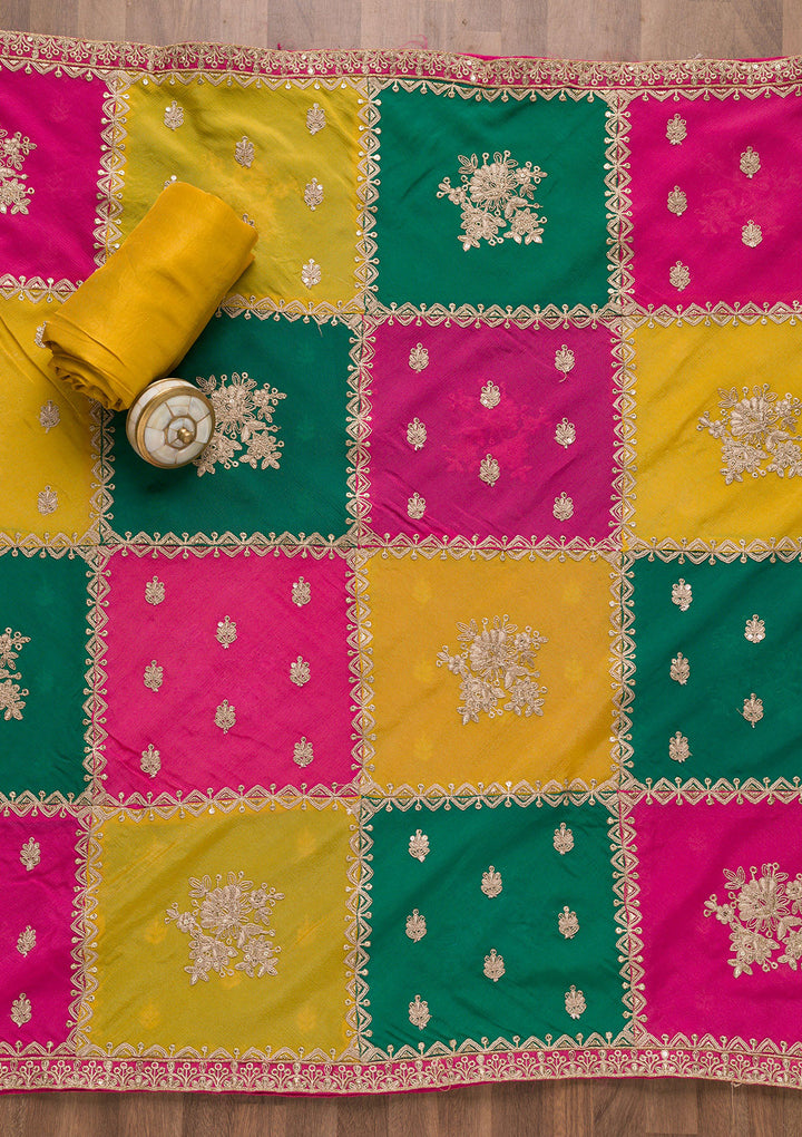 Yellow Zariwork Semi Crepe Unstitched Salwar Suit