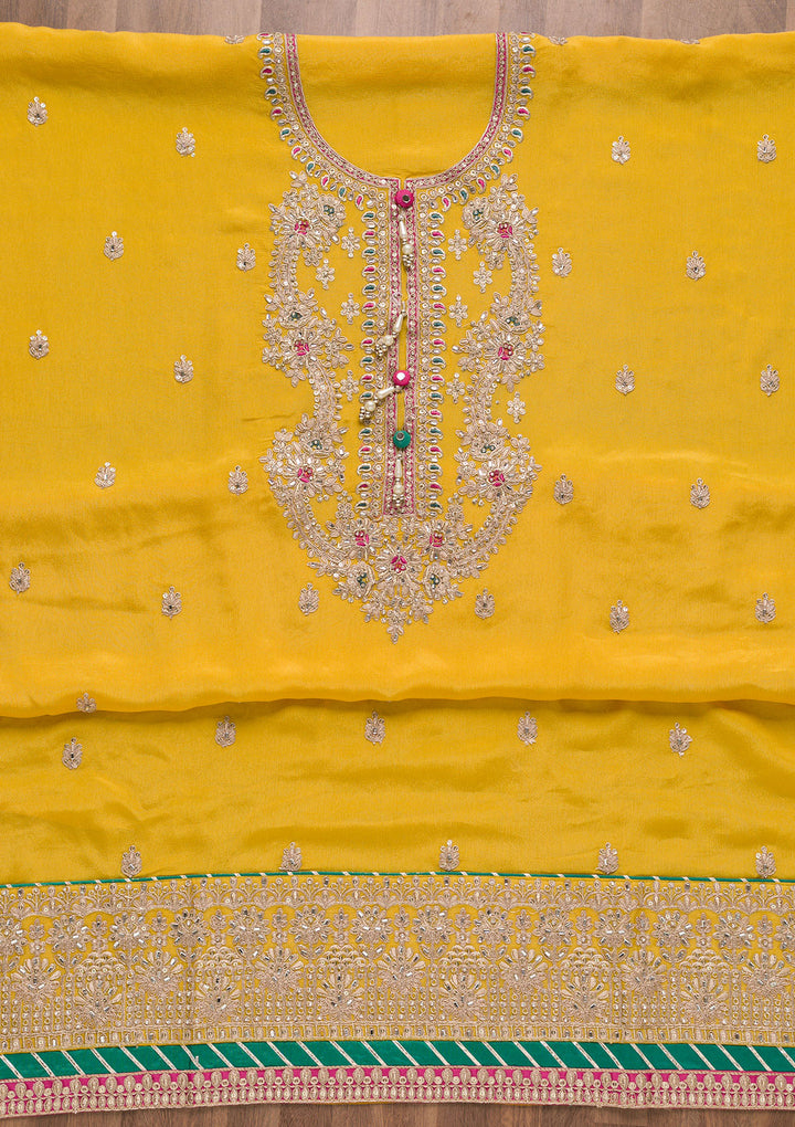 Yellow Zariwork Semi Crepe Unstitched Salwar Suit