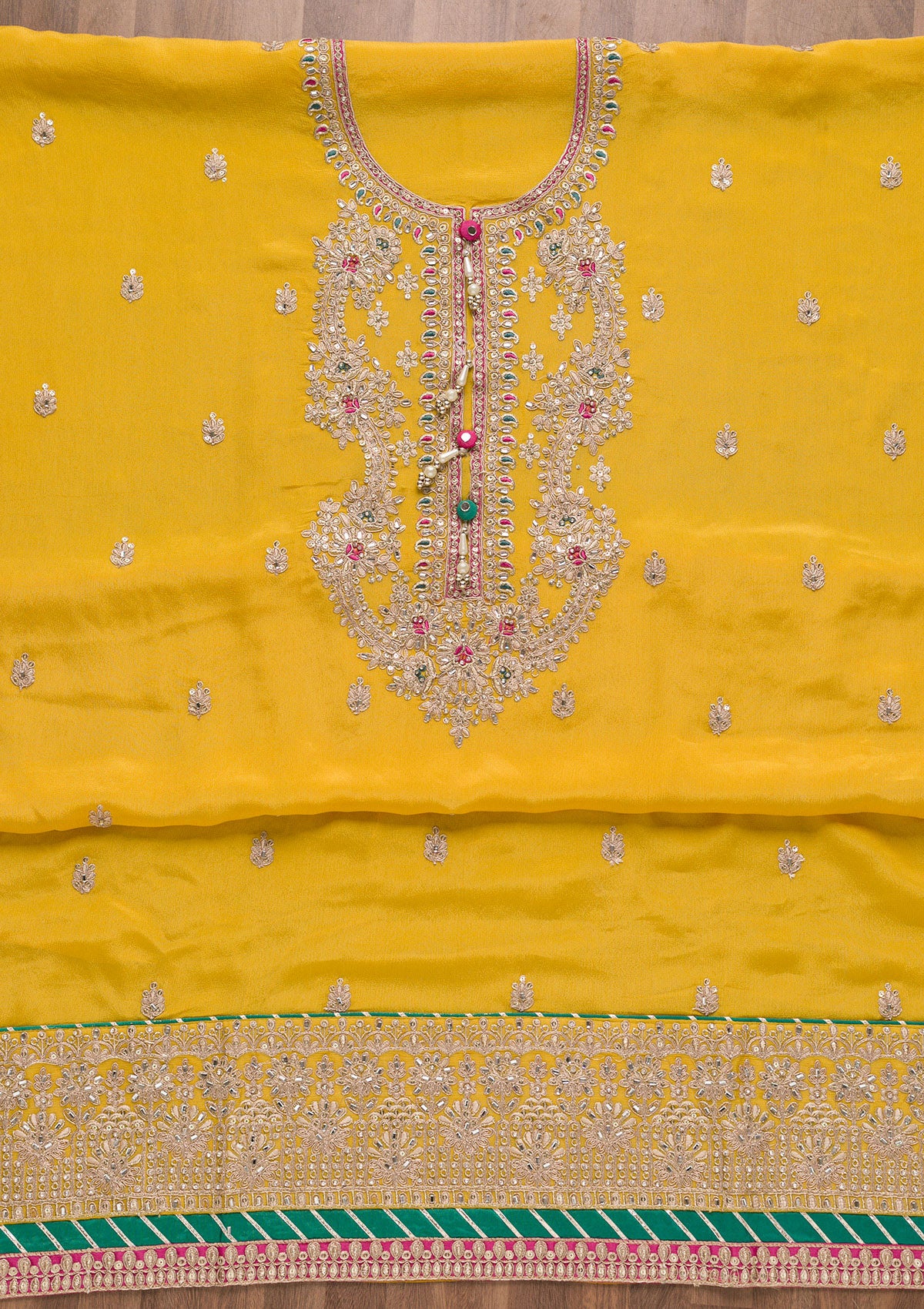 Yellow Zariwork Semi Crepe Unstitched Salwar Suit