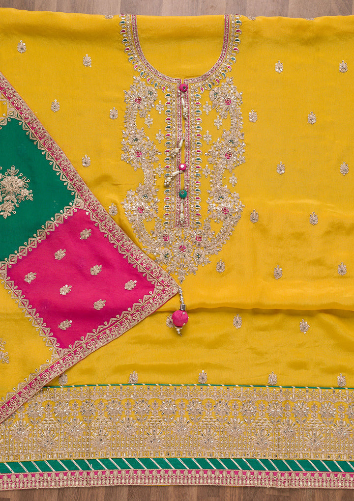 Yellow Zariwork Semi Crepe Unstitched Salwar Suit