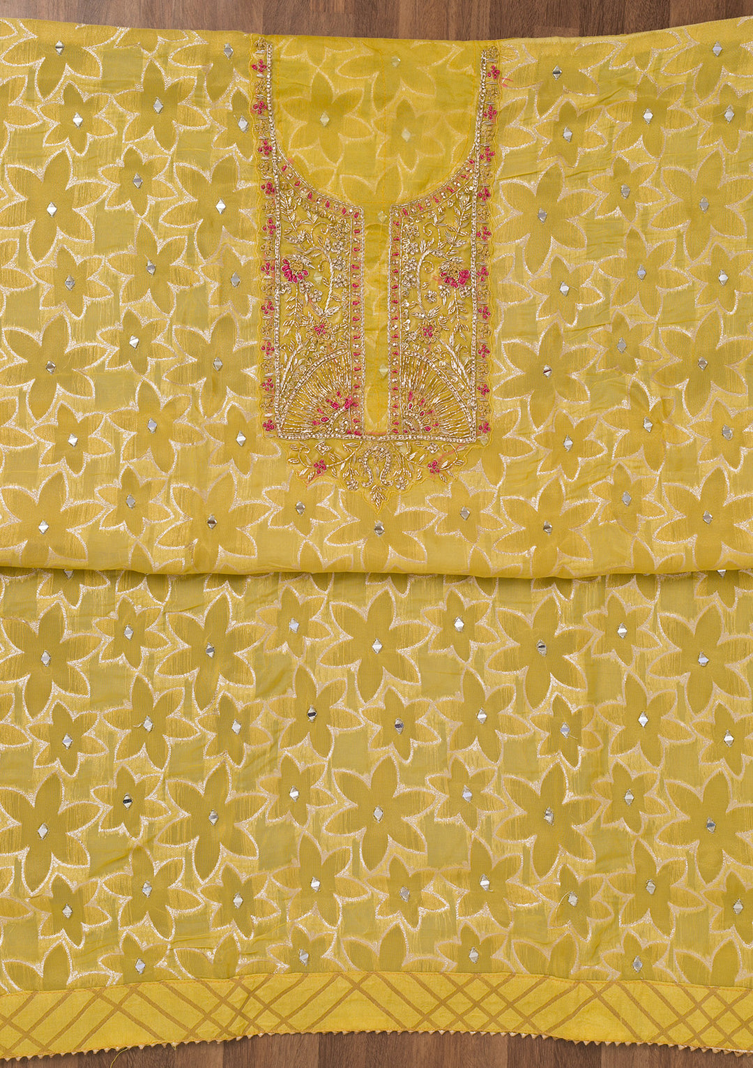 Yellow Zariwork Semi Crepe Unstitched Salwar Suit