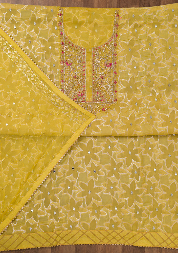 Yellow Zariwork Semi Crepe Unstitched Salwar Suit