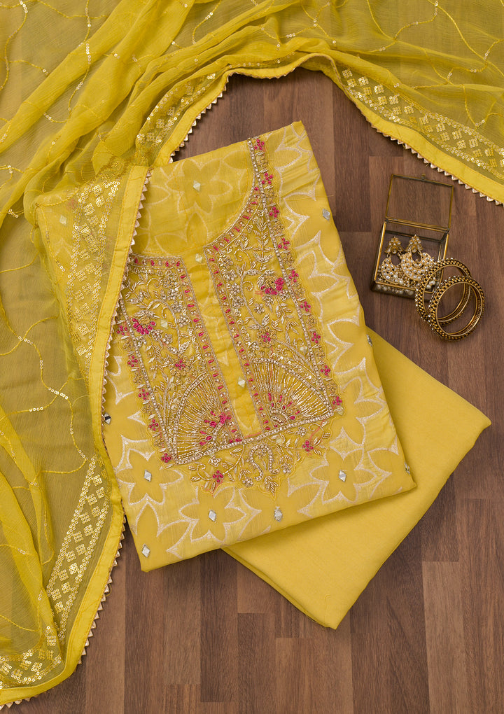 Yellow Zariwork Semi Crepe Unstitched Salwar Suit